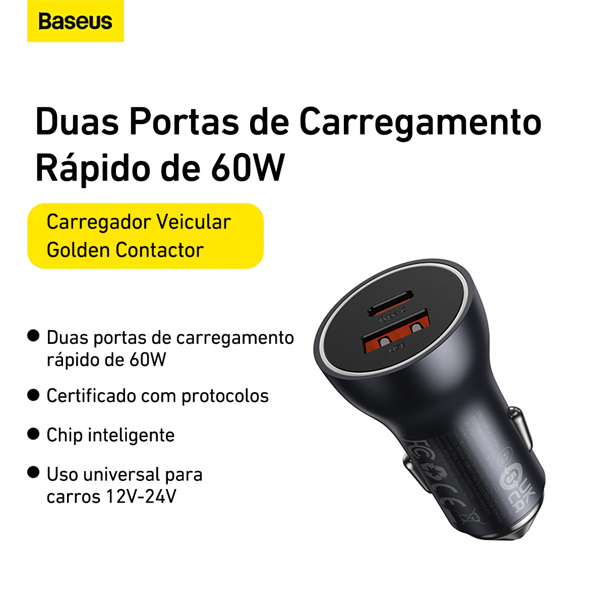 Carregador Veicular Usb-A + Usb-C Turbo 60w