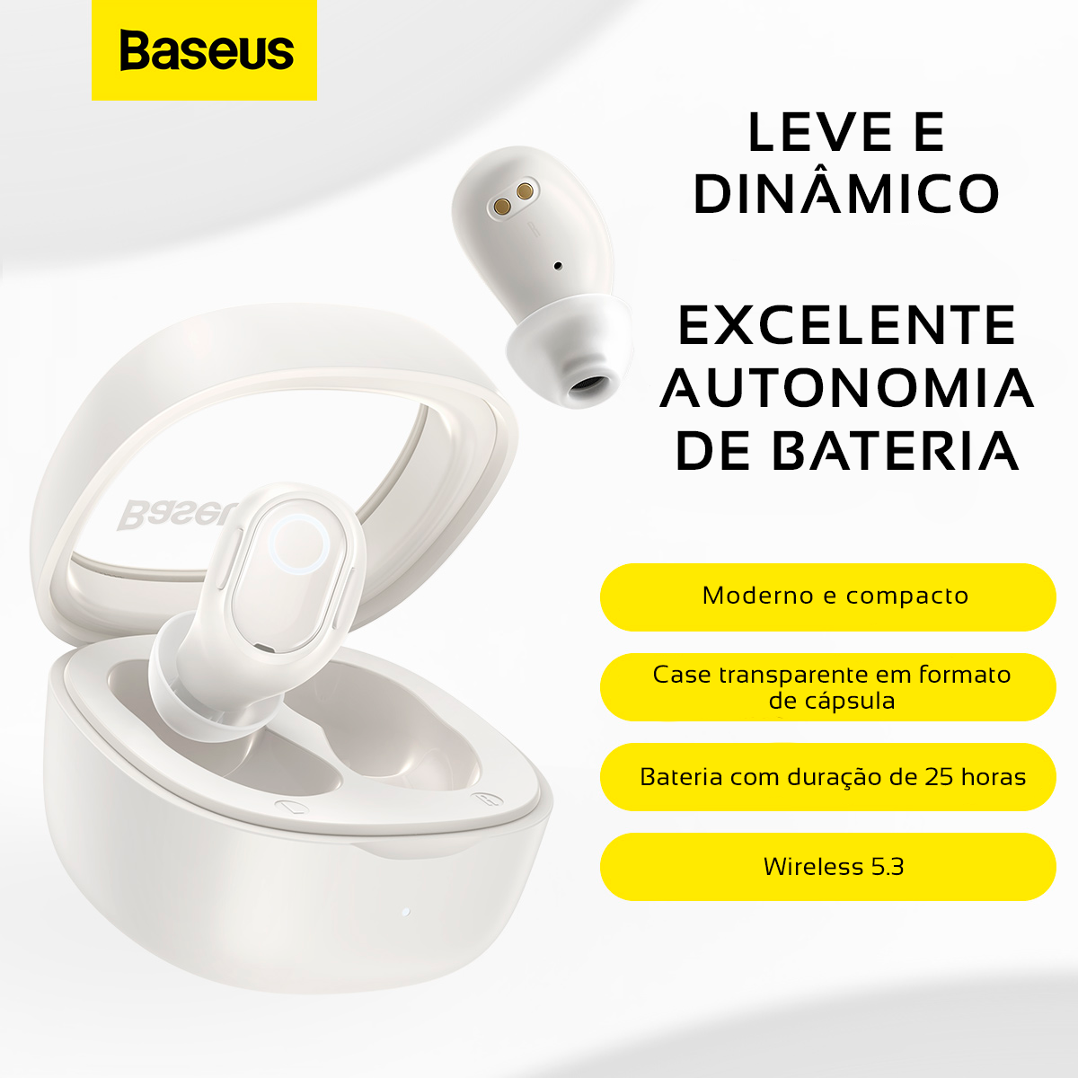 Fone Sem Fio Baseus Bowie Wm02 Tws Bluetooth 5.3 Bateria 25h Branco