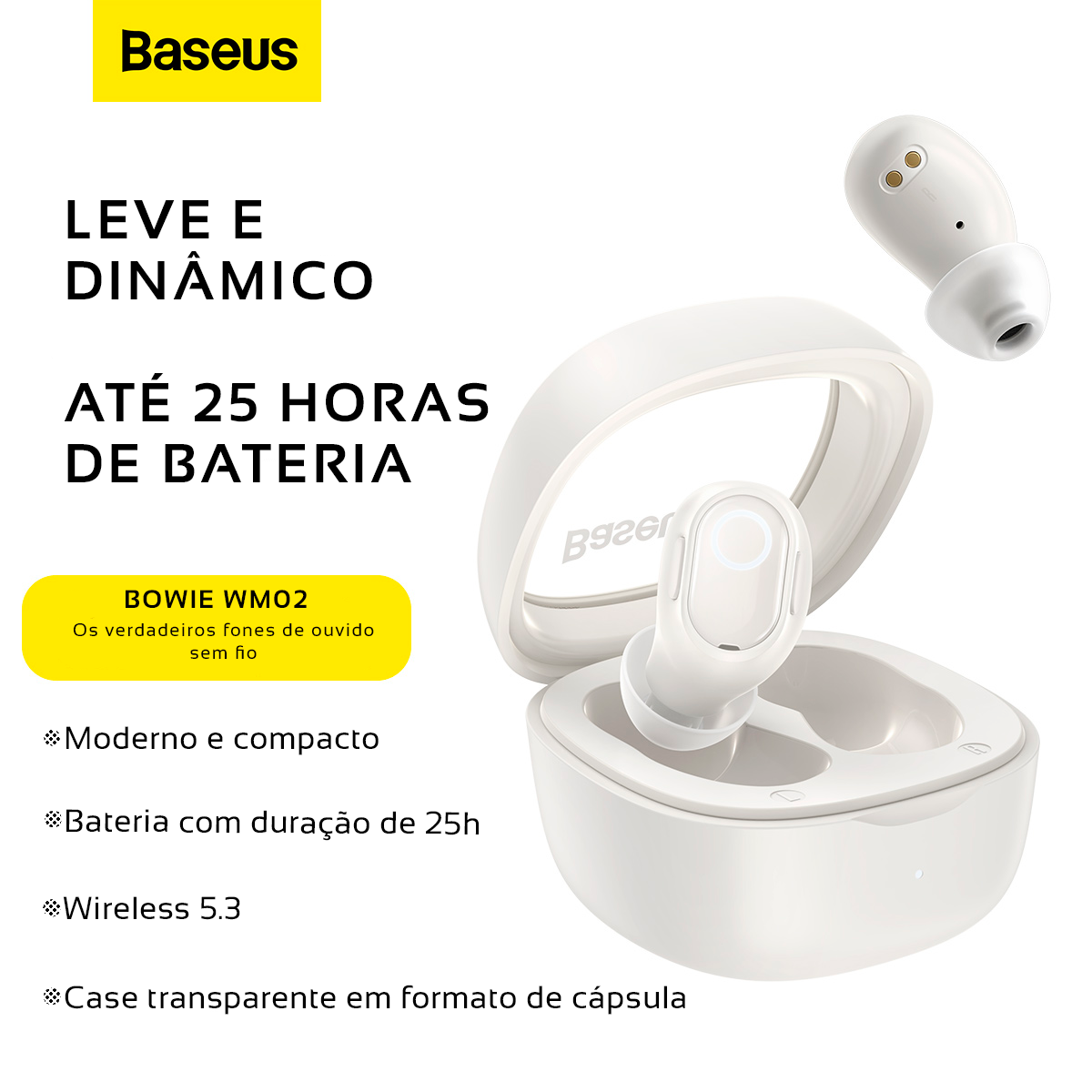 Fone Sem Fio Baseus Bowie Wm02 Tws Bluetooth 5.3 Bateria 25h Branco