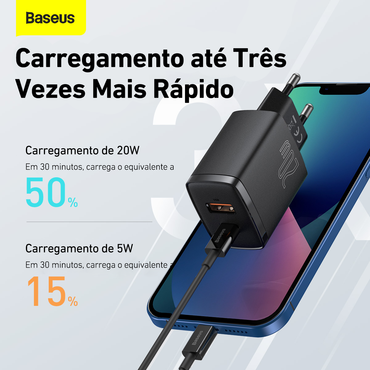 Kit Carregador Duplo Baseus Compact 20w Para iPhone 14 e Anteriores + Cabo de 1 metro - Preto