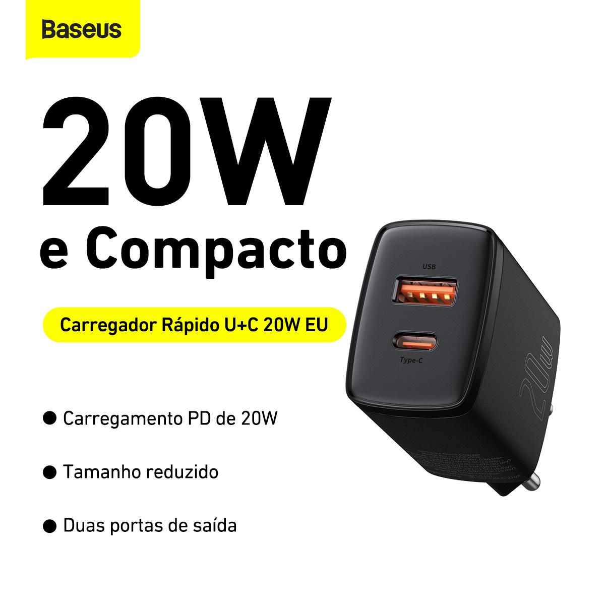 Kit Carregador Duplo Baseus Compact 20w Para iPhone 14 e Anteriores + Cabo de 1 metro - Preto