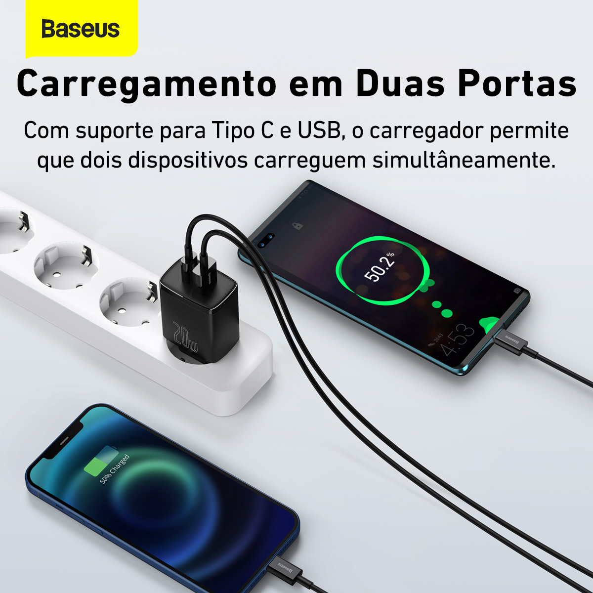 Kit Carregador Duplo Baseus Compact 20w Para iPhone 14 e Anteriores + Cabo de 1 metro - Preto