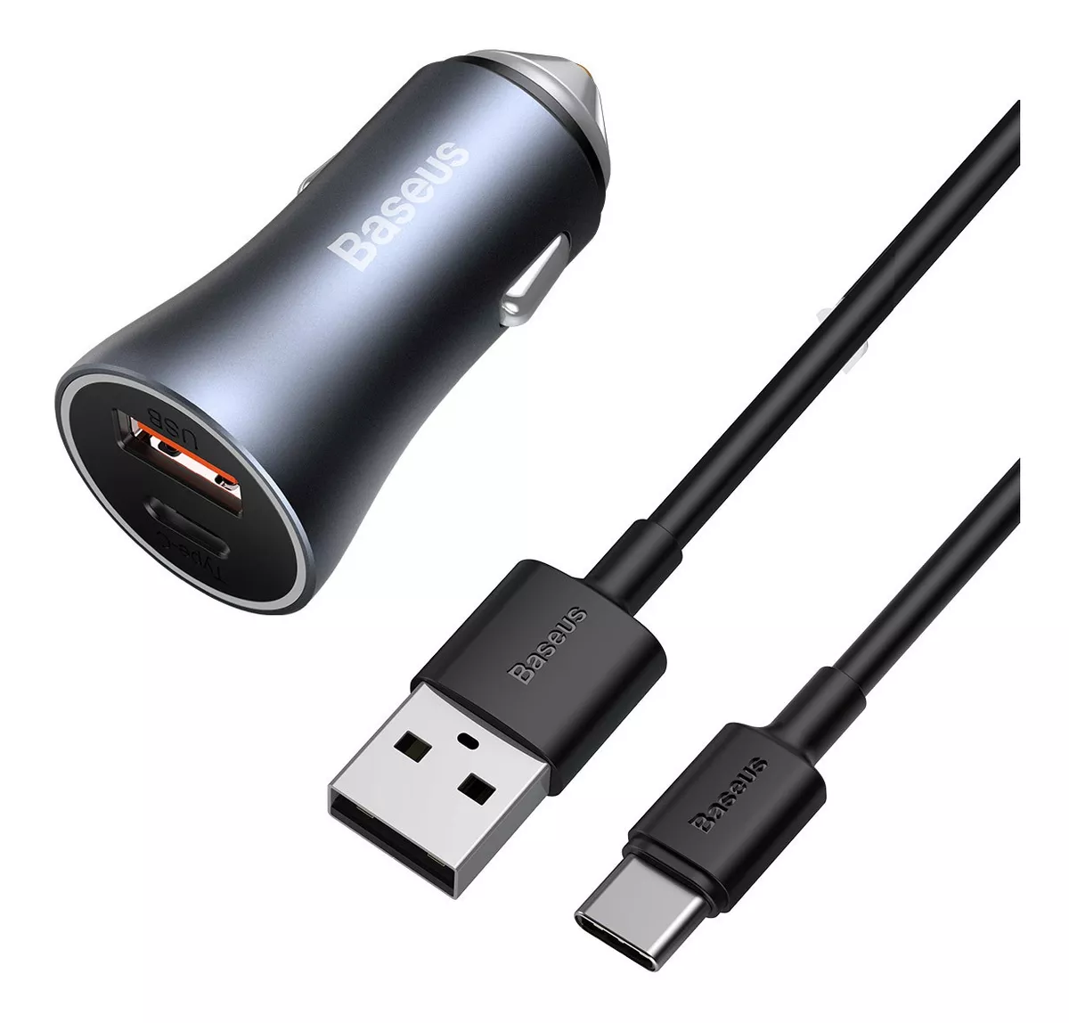 Carregador Veicular Duplo Turbo 40W USB + USB-C c/ Cabo 1m - Cinza