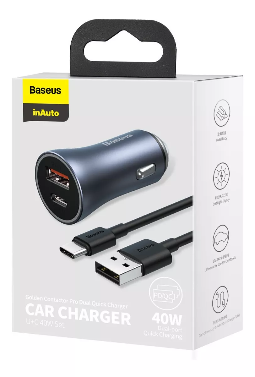 Carregador Veicular Duplo Turbo 40W USB + USB-C c/ Cabo 1m - Cinza