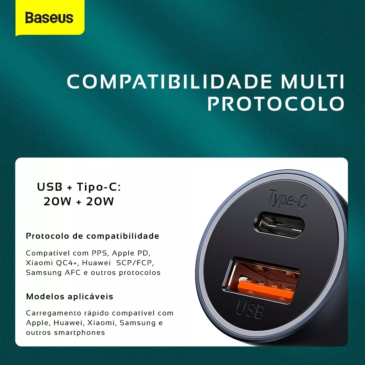 Carregador Veicular Duplo Turbo 40W USB + USB-C c/ Cabo 1m - Cinza