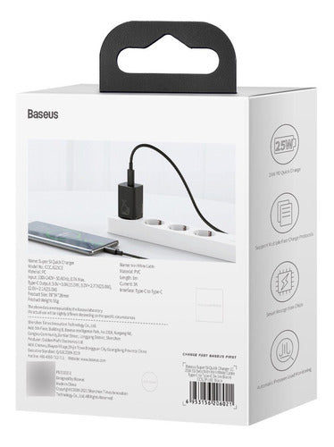 Carregador Rápido Usb-c Baseus Qc Pd 3.0 25w + Cabo Usb-c 1m