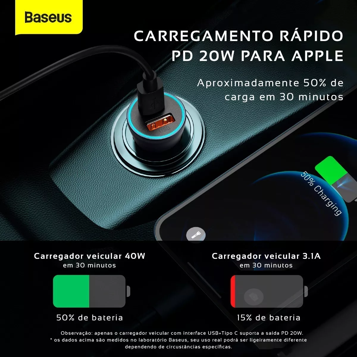 Carregador Veicular Duplo Turbo 40W USB + USB-C c/ Cabo 1m - Cinza