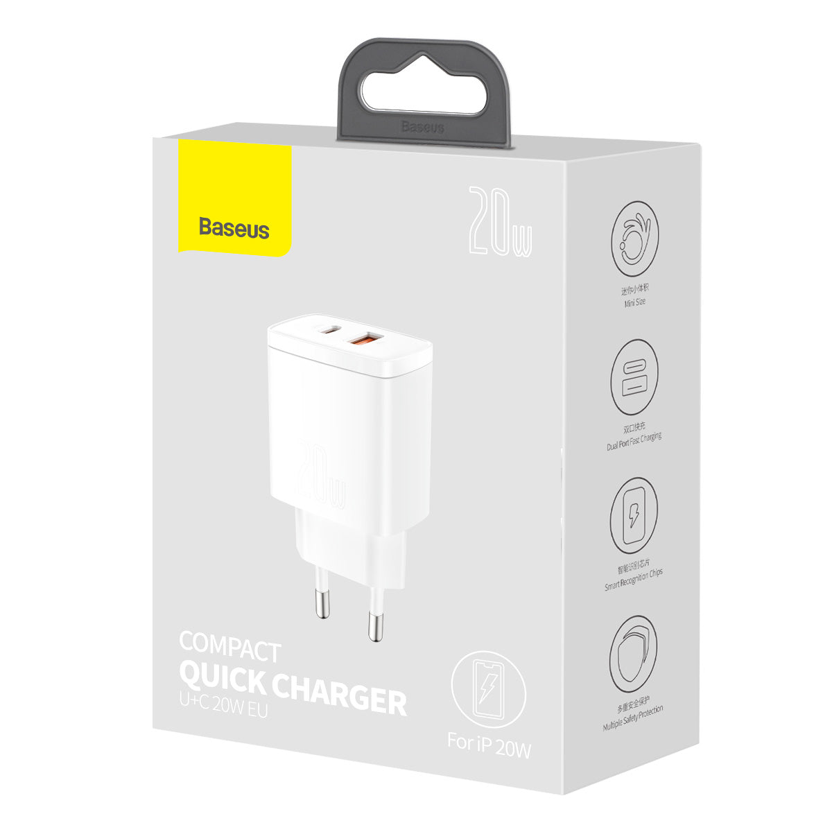 Kit Carregador Duplo Baseus Compact 20w Para iPhone 14 e Anteriores + Cabo de 1 metro - Branco