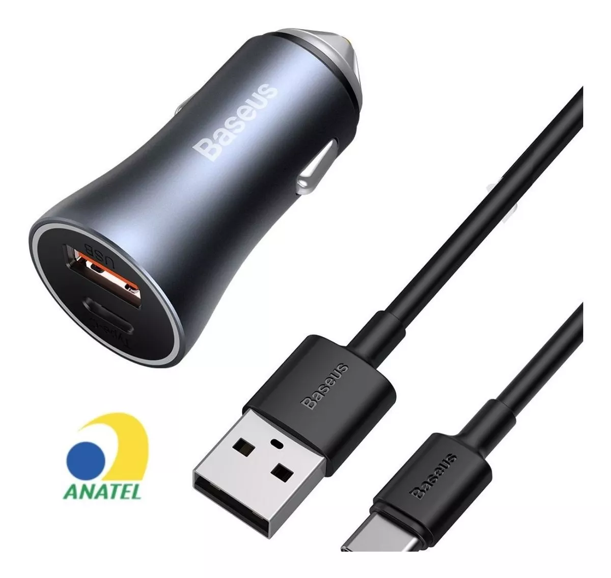 Carregador Veicular Duplo Turbo 40W USB + USB-C c/ Cabo 1m - Cinza