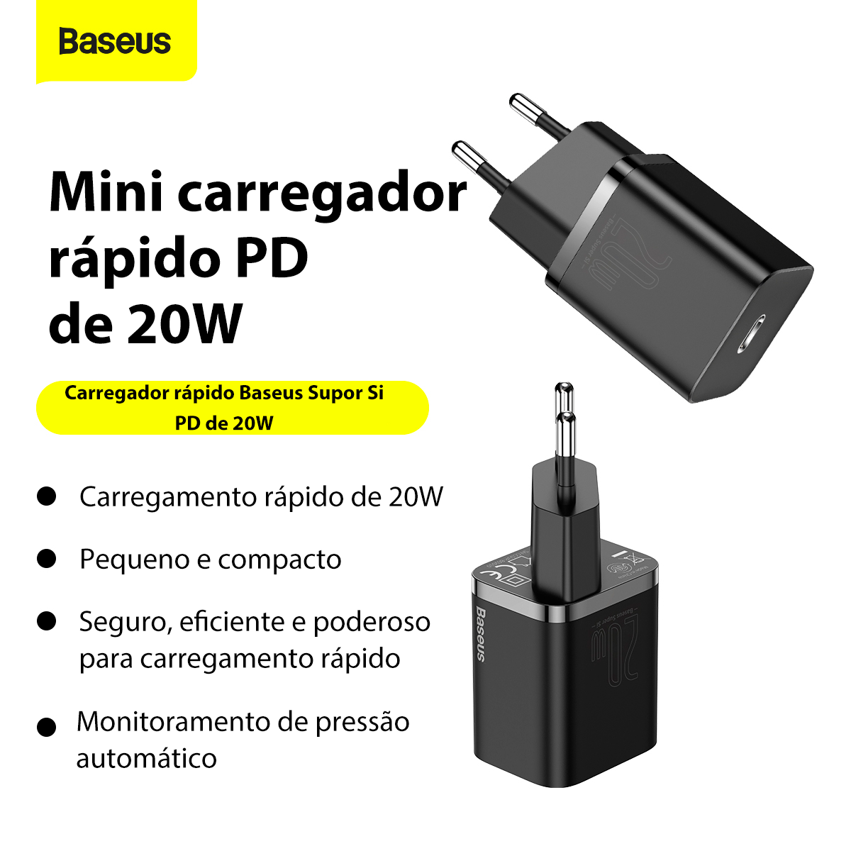 Kit Carregador Baseus Super Si 20w Para iPhone 14 e Anteriores + Cabo de 1 metro - Preto