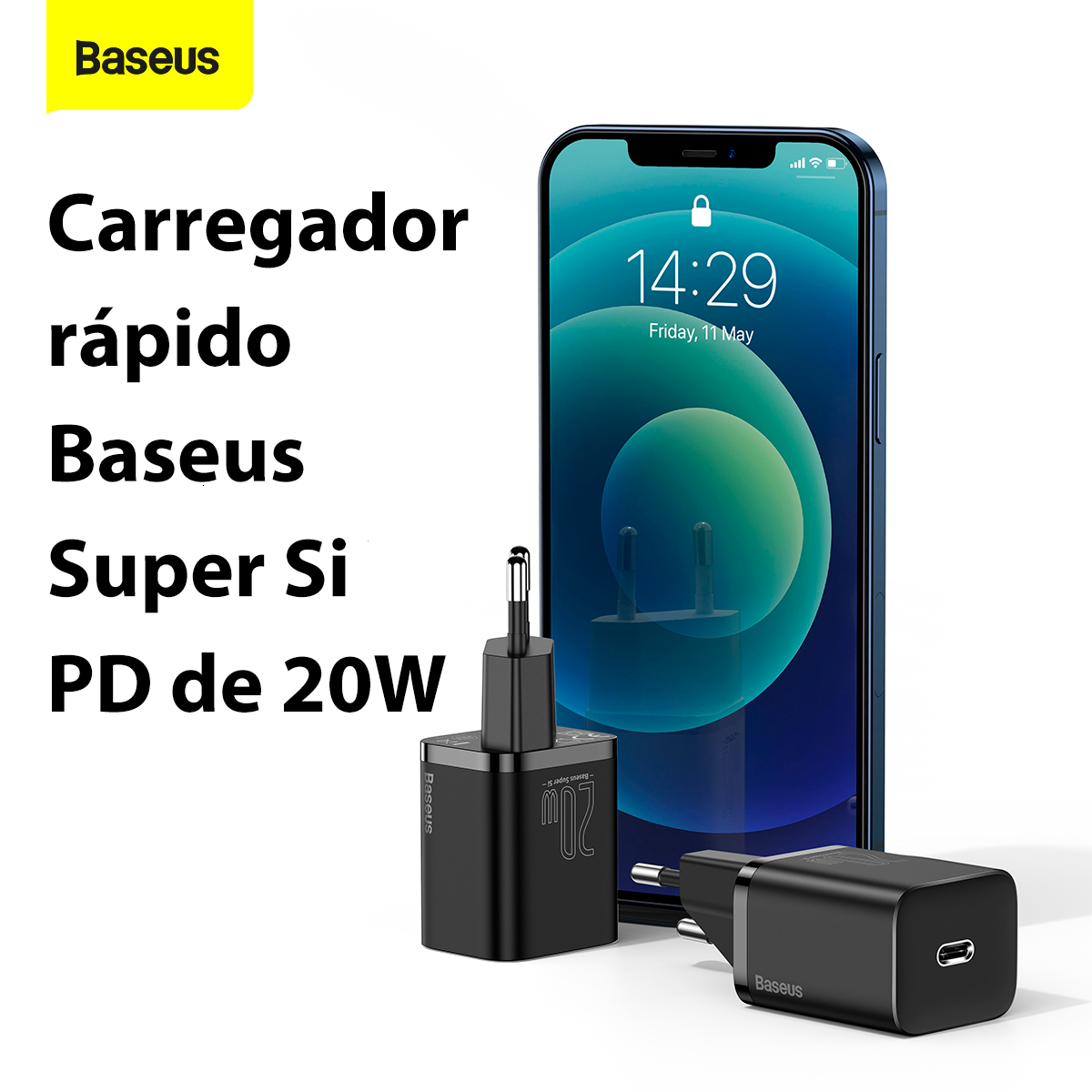 Kit Carregador Baseus Super Si 20w Para iPhone 14 e Anteriores + Cabo de 1 metro - Preto