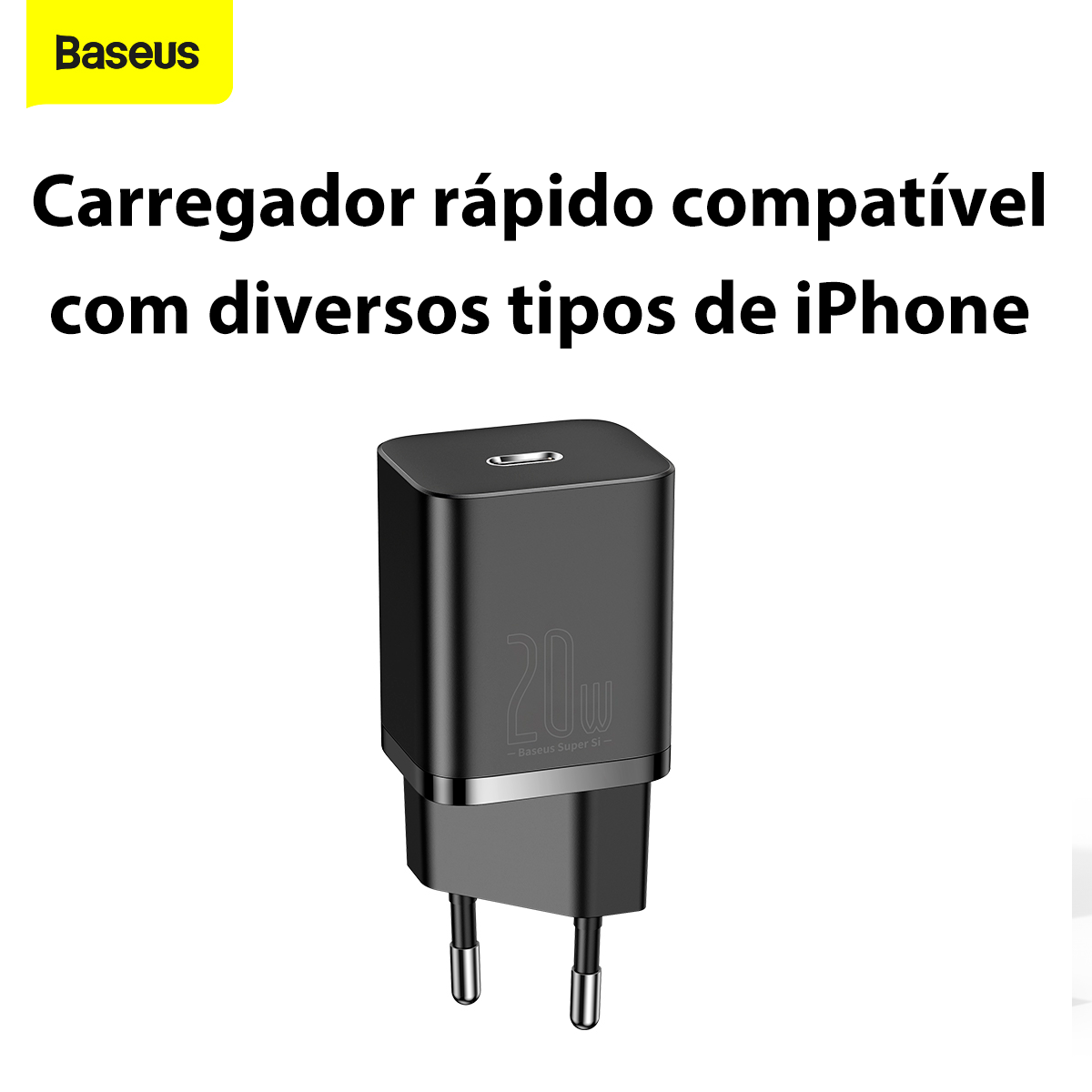 Kit Carregador Baseus Super Si 20w Para iPhone 14 e Anteriores + Cabo de 1 metro - Preto