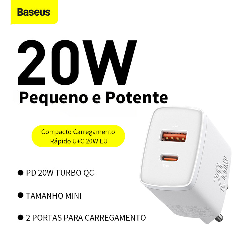 Kit Carregador Duplo Baseus Compact 20w Para iPhone 14 e Anteriores + Cabo de 1 metro - Branco