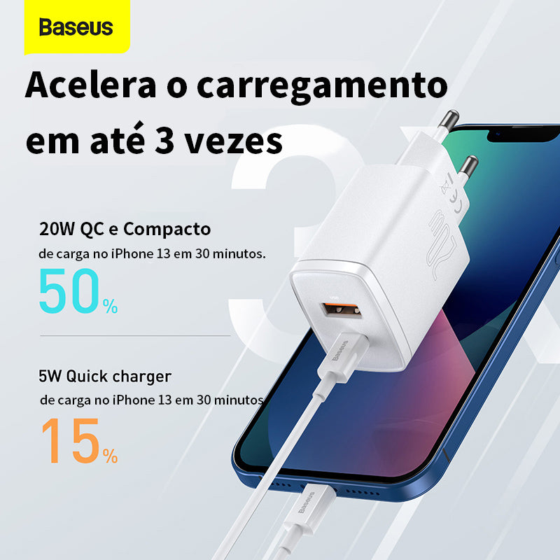 Kit Carregador Duplo Baseus Compact 20w Para iPhone 14 e Anteriores + Cabo de 1 metro - Branco