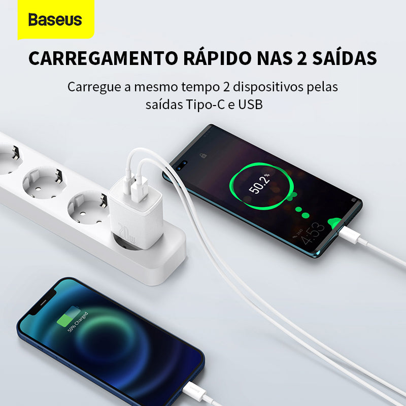 Kit Carregador Duplo Baseus Compact 20w Para iPhone 14 e Anteriores + Cabo de 1 metro - Branco