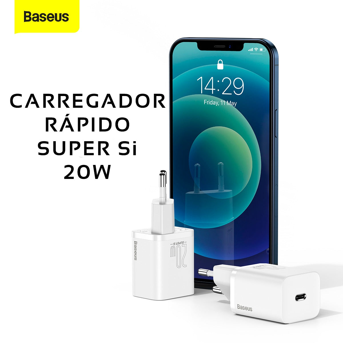 Kit Carregador Baseus Super Si 20w Para iPhone 14 e Anteriores + Cabo de 1 metro - Branco