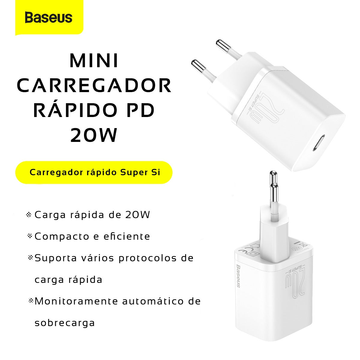 Kit Carregador Baseus Super Si 20w Para iPhone 14 e Anteriores + Cabo de 1 metro - Branco