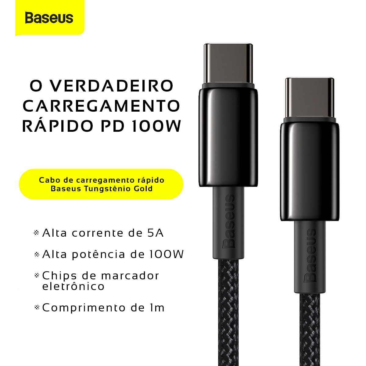 Cabo Turbo 100w Baseus USB-C + USB-C Tungsten Gold 2 metros