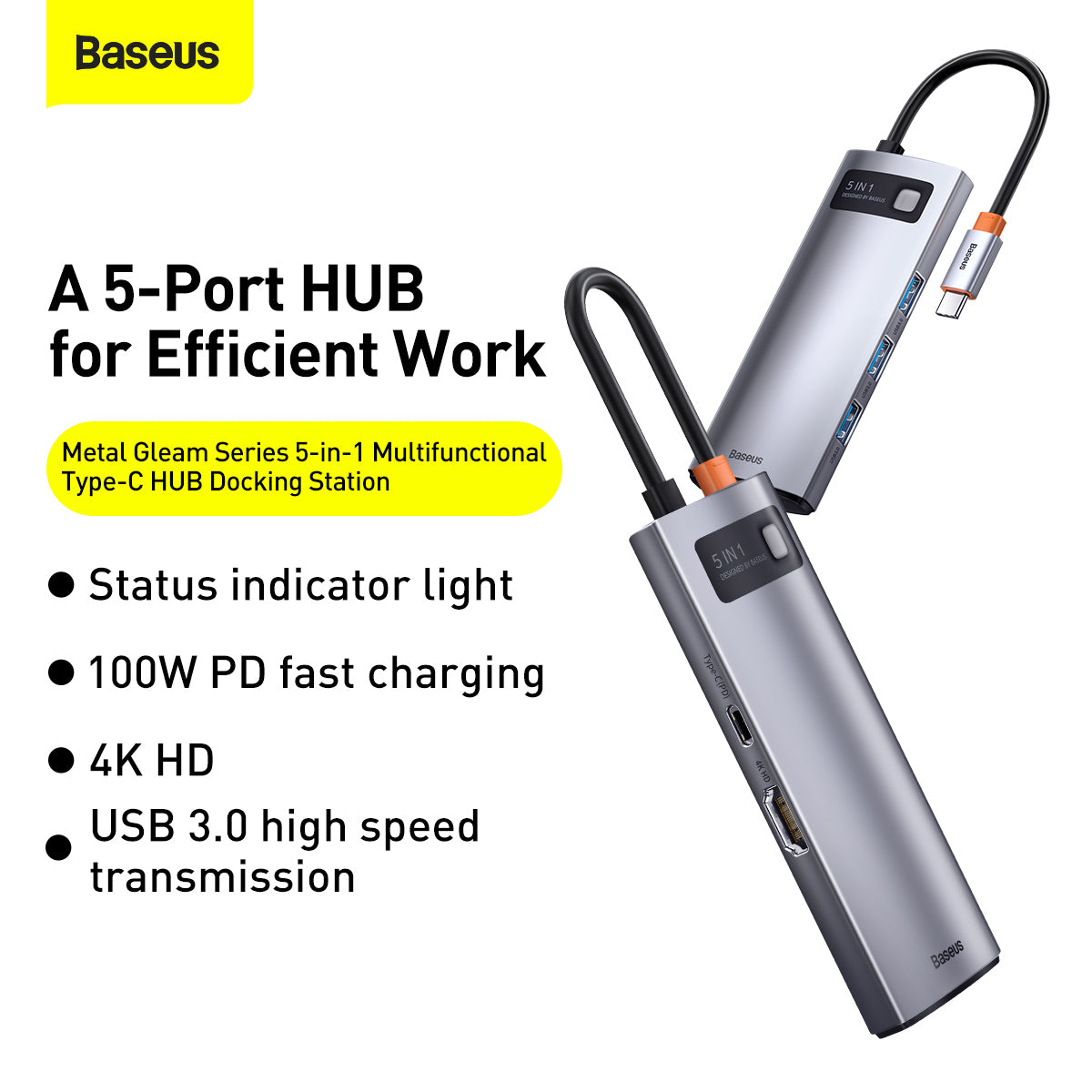 Hub Adaptador Baseus 5 Em 1 Multi Portas 4k 60hz Hdmi Tipo-c