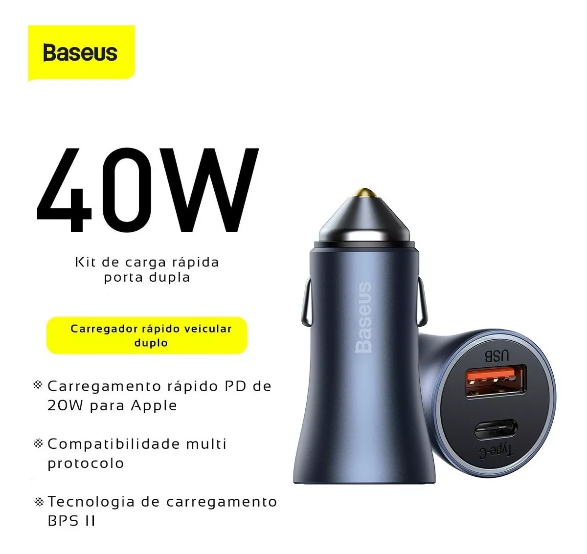 Carregador Veicular Duplo Turbo 40W USB + USB-C c/ Cabo 1m - Cinza