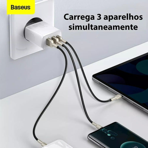 Carregador Turbo 30w Triplo Usb + Cabo 1m Branco